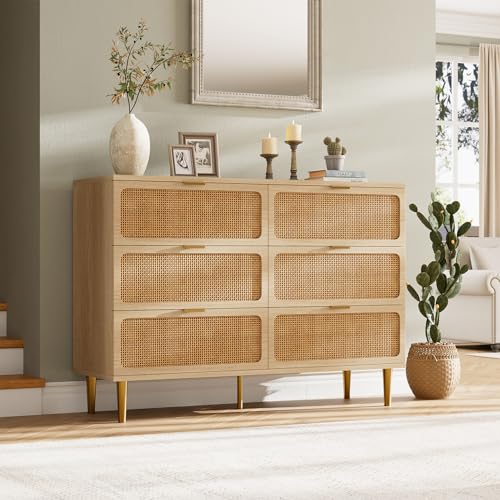 Rattan 6 Drawer Dresser for Bedroom, Large Double Dresser with Deep Drawers, Wooden Chest of Drawers for Closet with Wide Top, for Living Room, Hallway, Kids Room, Natural - Image 4