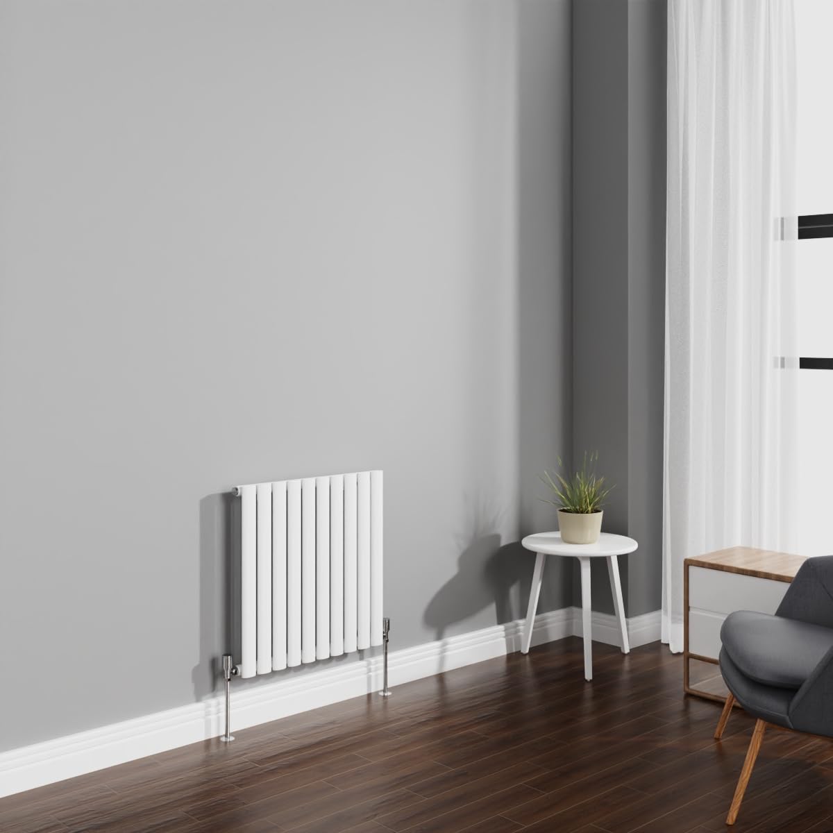 NRG 600x590mm Gloss White Radiator Horizontal Oval Panel Bathroom Designer Single Rad Central Heating