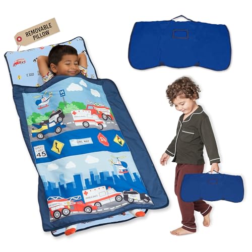 EVERYDAY KIDS Toddler Nap Mat with Removable Pillow -Fire Police Rescue- Carry Handle with Fastening Straps Closure, Rollup Design, Soft Microfiber for Preschool, Daycare, Sleeping Bag -Ages 2-6 years