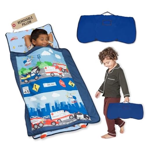 EVERYDAY KIDS Toddler Nap Mat with Removable Pillow -Fire Police Rescue- Carry Handle with Fastening Straps Closure, Rollup Design, Soft Microfiber for Preschool, Daycare, Sleeping Bag -Ages 2-6 years