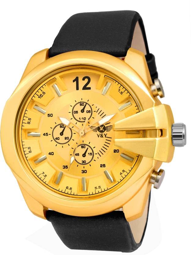 Luxary & Stylish Gold Dial with Attractive face & Black Leather Strap Watch for Men & Boys (B0B1YX7R6P) Amazon Price History, Amazon Price Tracker