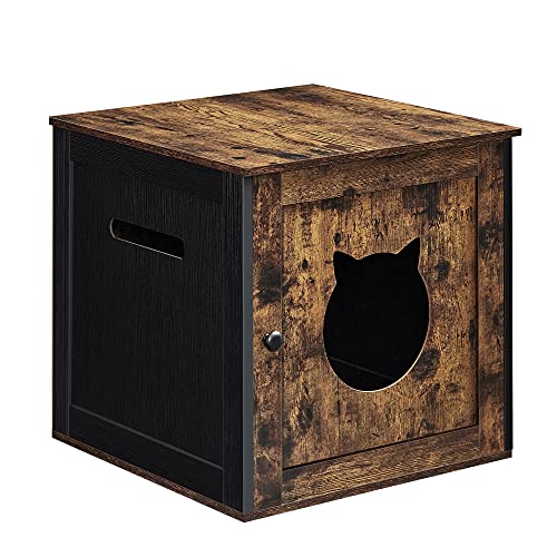Feandrea Cat Litter Box Furniture, Hidden Litter Box Enclosure Cabinet with Single Door, Indoor Cat House, End Table, Nightstand, Rustic Brown and Black UPCL004X02 Rustic Brown + Black S (20