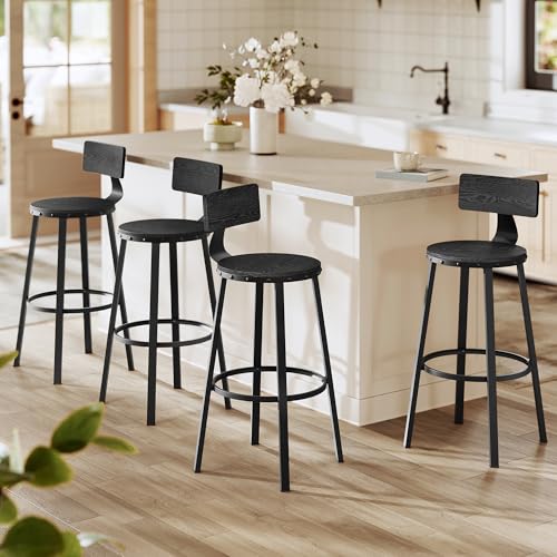 VASAGLE Bar Stools Set of 4, Bar Height Stools, 28.9 Inches Counter Barstools Chairs with Back for Dining Kitchen Island, Steel Frame, Industrial Style, Easy Assembly, Ebony Black Ebony Blac
