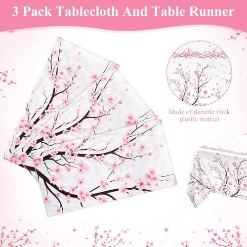Image of Ganeen 3 Pcs Cherry Blossom Disposable Tablecloth Pink Floral Plastic Table Covers 54 x 108 in Waterproof Tablecloth for Japanese Decorations Woman Tea Party Wedding Bridal Birthday Garden Picnic