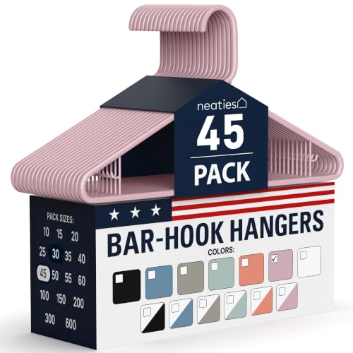 Neaties Plastic Hangers 45 Pack – Made in The USA – 6lb Capacity Standard Clothes Hangers with Strap Hooks for Dresses, Lingerie, Shirts, Pants, and Jackets – Pink