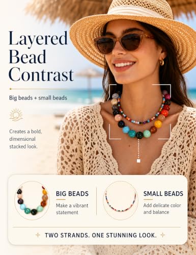 Colorful Chunky Beaded Necklace for Women, 2PCS Boho Layered Statement Set - image 3