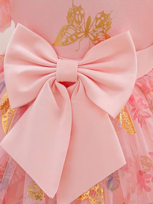 Image of Niren Enterprise Baby Girls Fit And Flare Knee Length Gold Foil Butterfly Puff Sleeve Bowknot Princess Gown Dress for Special Occasions
