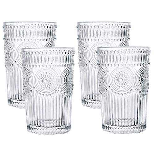 Kingrol 4 Pack 12.5 oz Romantic Water Glasses, Premium Drinking Glasses Tumblers, Vintage Glassware Set for Juice, Beverages, Beer, Cocktail