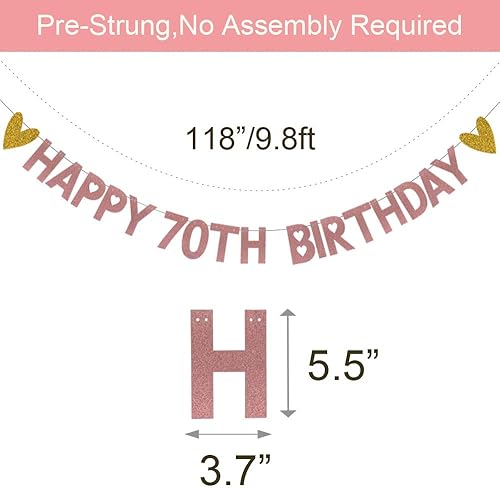 Miniatura 2 de Cartel de feliz cumpleaños 70, pre-encordado, papel de oro rosa con purpurina, decoraciones de fiesta para 70 años, suministros de fiesta de