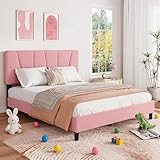 Full Size Upholstered Platform Bed Frame with Adjustable Headboard for kids Girls, Fits 8-14 Inch Mattress, Heavy Duty Bed Frame with Wooden Slats Support, Noise-Free, Non-slip, No Box Spring Needed
