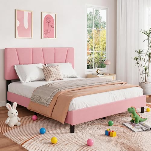 IDEALHOUSE Full Size Bed Frame with Upholstered Headboard Heavy Duty Platform Bed Frame with Strong Wood Slats Adjustable Headboard Noise-Free No Box Spring Needed Easy Assembly