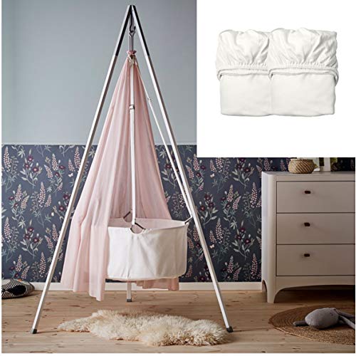 Juego de cuna con trípode blanco, velo y rosa y 2 sábanas bajeras blancas