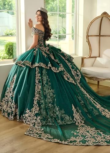 Glitter Tulle Quinceanera Dresses with Train Bow Puffy Ball Gown Off The Shoulder Prom Dress for Sweet 15 162