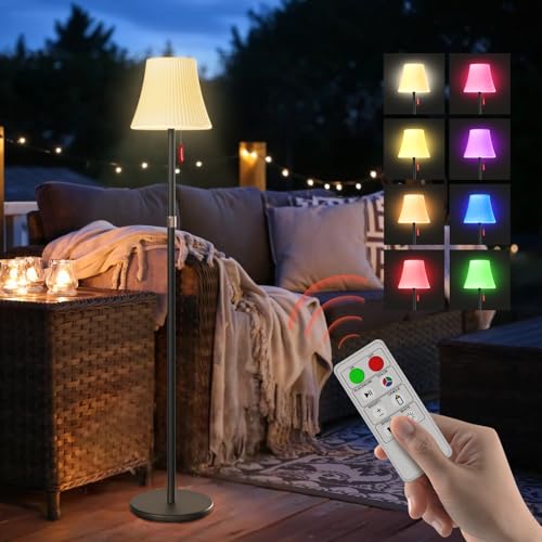 Mojimdo Solar Stehlampe IP65, RGB 7 Farben, 3-stufig Warmweiß dimmbar, mit Dämmerungssensor & Fernbedienung, höhenverstellbare, kabellose LED...