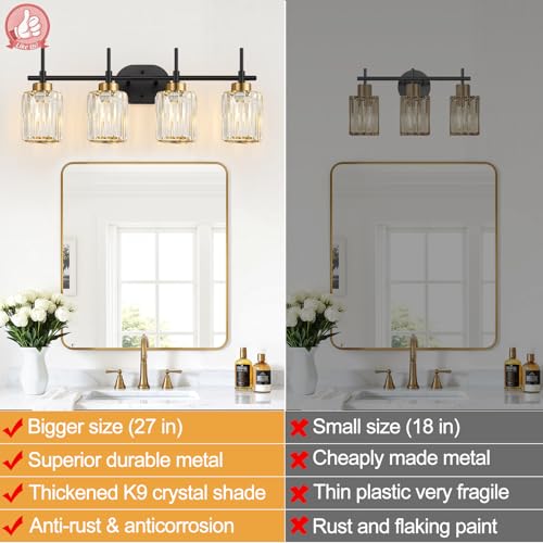 Image of Modern Crystal Bathroom Vanity Light, 4-Light Black and Gold Bathroom Light Fixtures, Clear K9 Crystal Shades, Adjustable Up /Down Mount, E26 Base Wall Sconce (Bulbs Not Included)