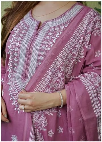 Image of BHARVITA Women's Cotton Embroidered Chikankari Work Straight Kurta Dupatta Pant Set