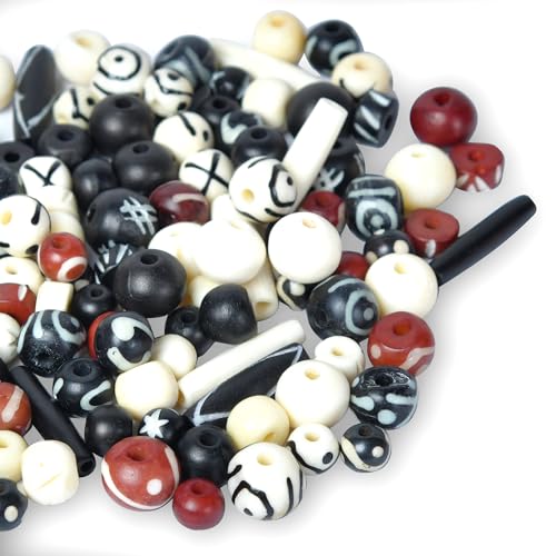 Assorted Hand Carved Bone Beads for Jewelry Making & Crafts - 130 pcs, Natural African & Native American Beads in Black, Brown & White