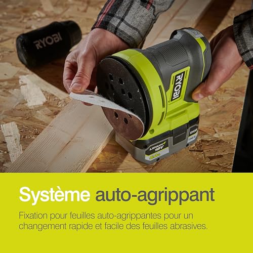 RYOBI - Ponceuse Excentrique Sans Fil 18V ONE+ RROS18-0 – Plateau Ø125 mm, Collecteur de Poussière, Mouvements Orbitaux Puissants – Finition Bois, Peinture, Métal – Batterie Non Incluse