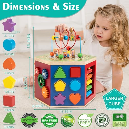 Image of Large Activity Cube, 9-in-1 Farm-Themed Wooden Play Center, Multipurpose Montessori Toy for 1-2 Year Old Baby Toddler Kid, First Birthday Gift | Bonus Magnetic Train Cars