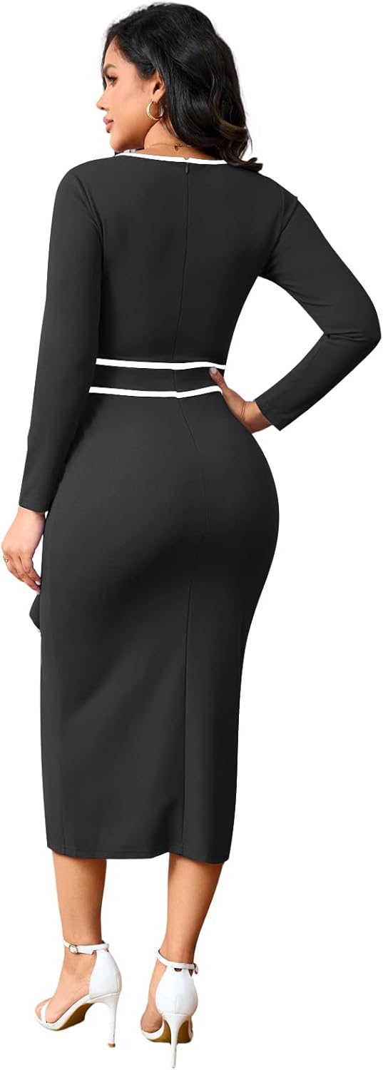 Women's Church Dresses Long Sleeve Work Business Party Dress Bodycon Vintage Wrap Ruffle Midi Pencil Dress - Image 5