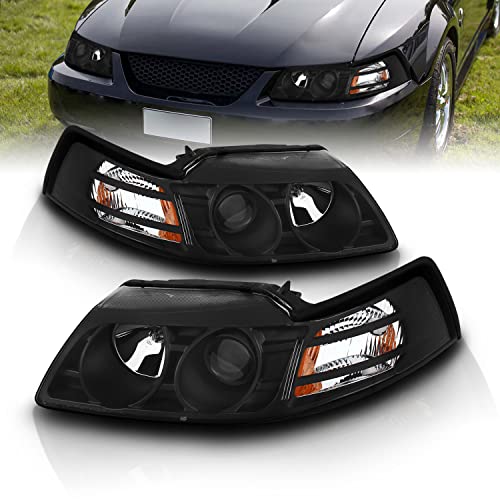 AmeriLite Projector Headlights Black Amber for Ford Mustang - Passenger and Driver Side