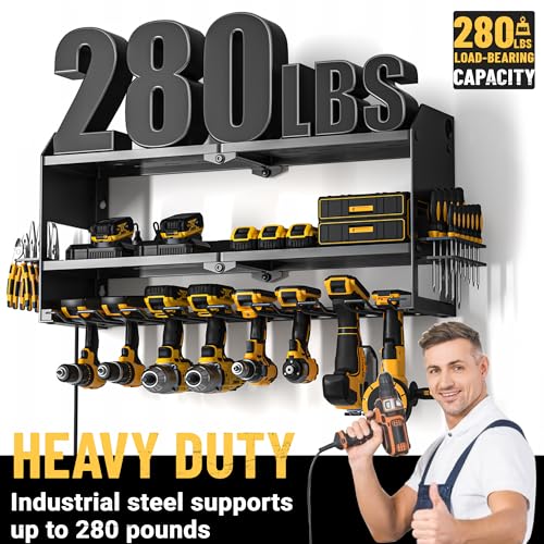 YYR-Power-Tool-Organizer-with-Charging-Station-Wall-Mount-Cordless-Drill-and-Battery-Holder-for-Garage-Organization-Electric-Tools-Storage-Rack-Build-in-Surge-Protection-Power-Strip-Black-Shelf