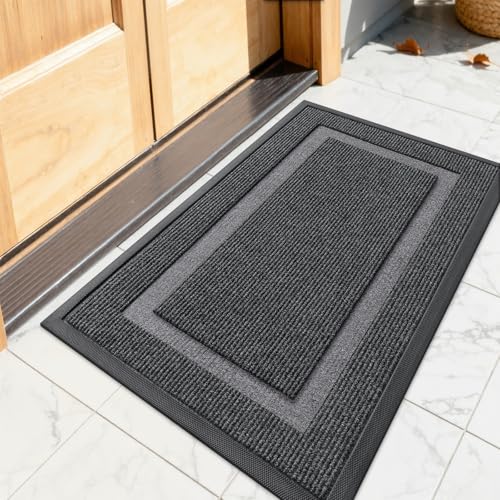 Image of OLANLY Front Door Mat Indoor Outdoor Entrance, Waterproof All-Season, All-Weather Doormat, Sturdy Natural Rubber, Fade Resistant, Low Profile, Easy Clean Patio Porch Entryway Mat, 23.5x15.5, Grey