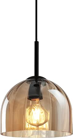 Amber Ribbed Glass Pendant Light Kitchen Island 7.8 Inch Black Hanging Lamp