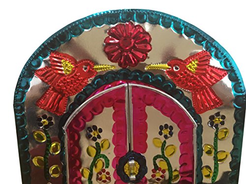 Casa Fiesta Designs Embossed Tin Mirror Mexican Folk Art Wall Decor Handmade - With Stand 10.5" X 8" - Espejo Mexicano Con Puertas #TOP2