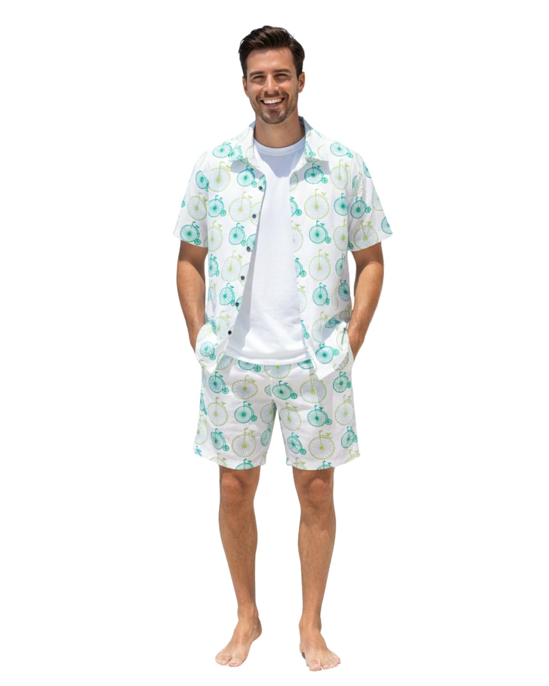 COOLLINEN Men’s Cotton Printed Co-Ord Set | Floral Print Short Sleeve Shirt with Drawstring Shorts | Casual Summer Wear, Beach & Vacation Outfit for Men (cycle, M.)