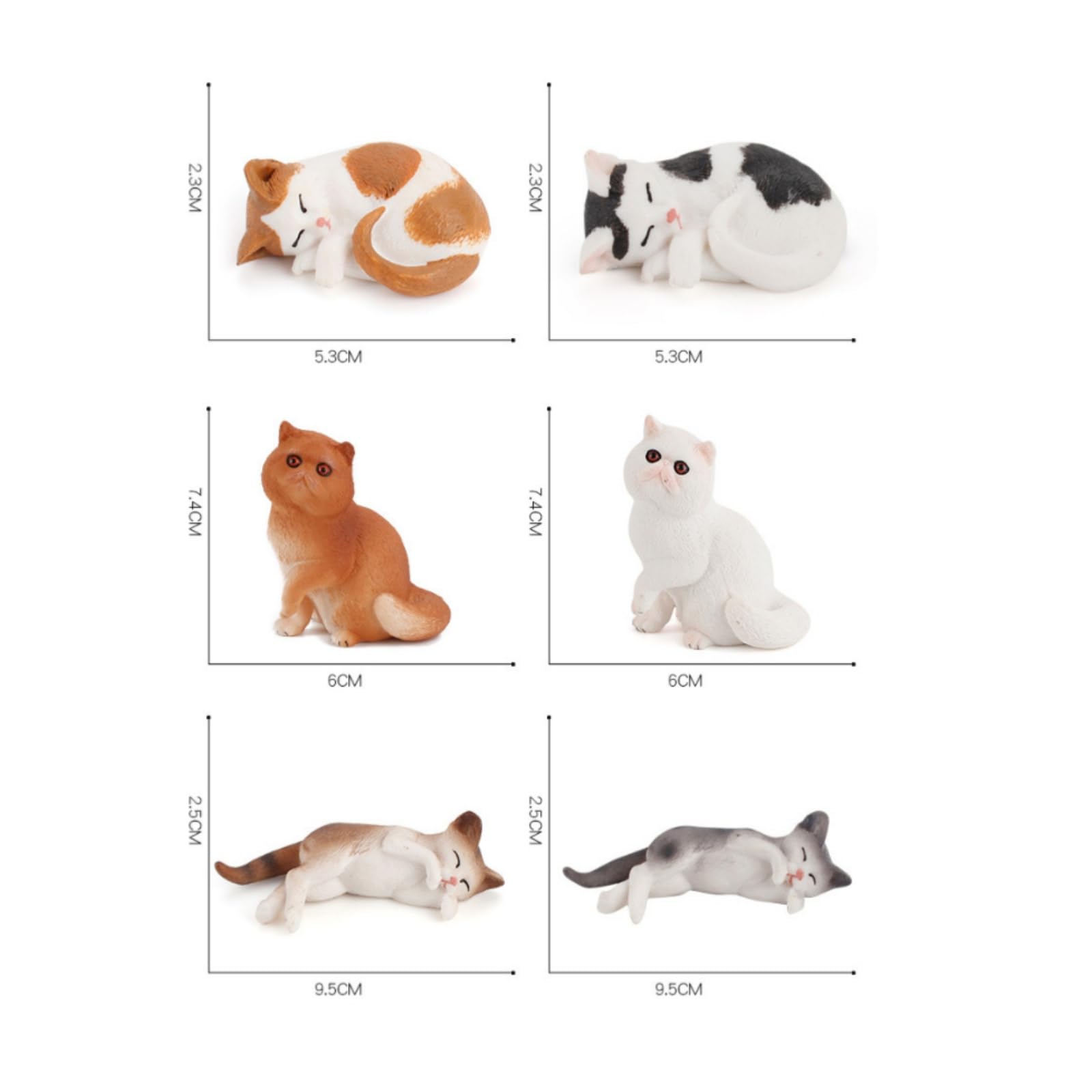 Six Petites Statues Chat Peintes avec Détails Faciaux Précis pour Décoration Bureau et Collection sur Tablette