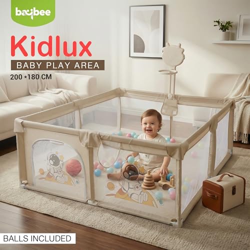 Image of Baybee 200 x 180 CM Kids Playpen for Babies with Basket Ball Hoop | Baby Play Area Indoor Setup with Colourful Balls, Zipper Door & Toys Pouch | Kids Activity Play Gate Fence with Corner Protection | Outdoor play pen for baby for 0 - 5 years Boys Girls (Beige)