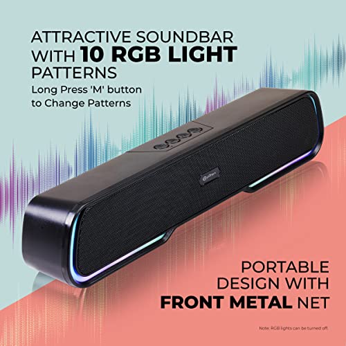 Image of pTron Fusion One 14W Bluetooth Soundbar Speaker, 20Hrs Playback Time, Vivid 10 RGB Modes, Mini Soundbar for Phones /TV /Laptops /Tablets, Multi Modes BT5.3 /3.5mm Aux /TF Card /USB / (Obsidian)
