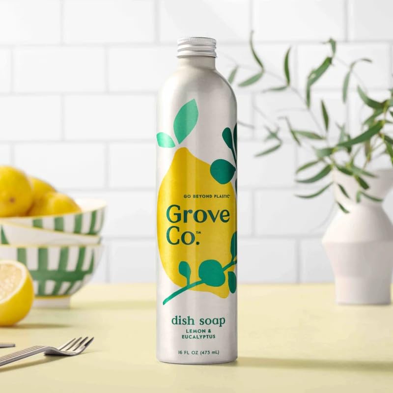 Image of Grove Co. Dish Soap Refill, 1 x 16 fl oz Refill, Lemon, Eucalyptus & Mint | Plastic-Free; Removes Stuck on Food; USDA Biobased; 98% plant-based ingredients; Natural Fragrance