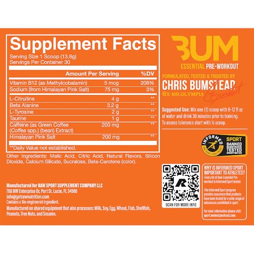 Image of RAW Essential Pre-Workout Powder (Orange) - Chris Bumstead Sports Nutrition Supplement for Men & Women - Preworkout Energy Powder with Caffeine, L-Citrulline, L-Tyrosine, & Beta Alanine Blend