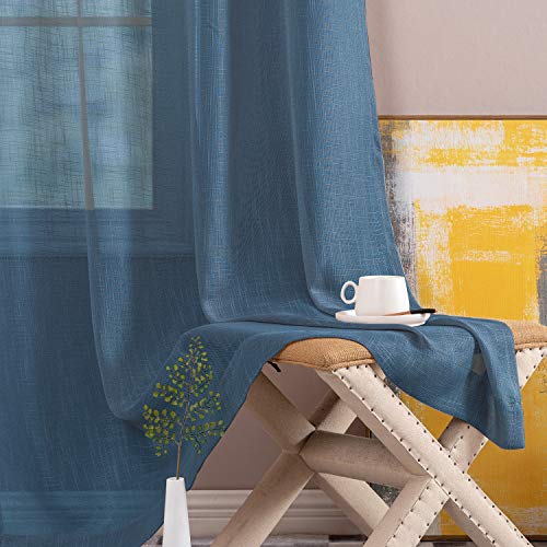 jinchan Sheer Curtains for Living Room 63 inch Length Navy Blue Curtains Rod Pocket Back Tab Faux Linen Curtains Open Weave Sheers Lightweight Voile Drapes Bedroom Window Curtain Set 2 Panels