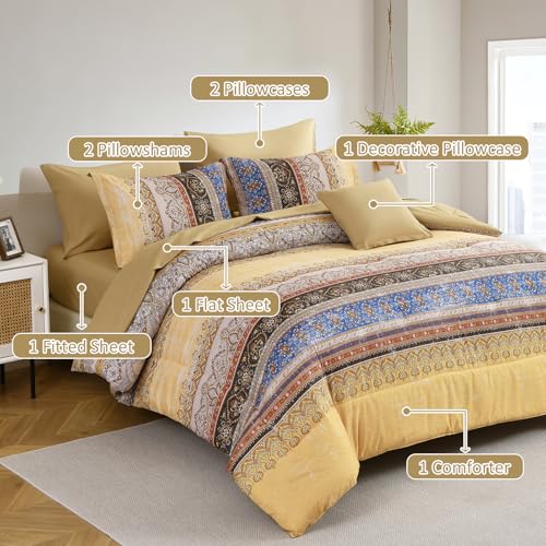 Image of Cottolester Boho Full Comforter Set 8 Pieces,Yellow Bohemian Striped Bed in a Bag,Paisley Soft Microfiber Bedding Comforter Set