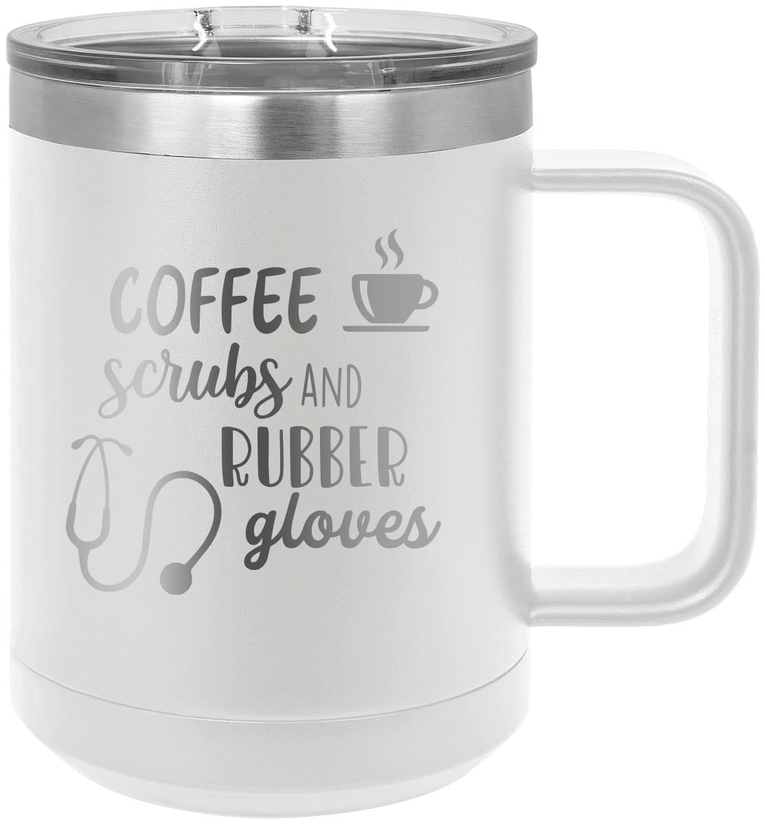 CustomGiftsNow Coffee Scrubs And Rubber Gloves - Nurse - Stainless Steel Double-Wall Insulated 15-Ounce Truck Car Travel Coffee Cup Tumbler Mug with Handle, Sliding Lid