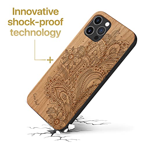 Caseyard Wood Phone Case For Iphone 12/12 Pro Laser Engraved Flower Paisley Design Cherry Wood Compatible Iphone Case Protective Shockproof Slim Fit Cell Phone Cover For Men & Women #TOP2