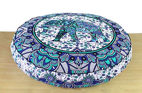 CRAFT KALA Funda de cojín de suelo con diseño de mandala, hippie, decorativa, bohemia, otomana, pufs con pompones, fundas de almohada de algodón indio, decoración del hogar (89 cm, redondo, elefante