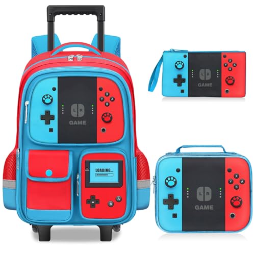 TILYTADLY Mochila com rodinhas para meninos – Mochila gamer com rodinhas mochila escolar para adolescentes, Conjunto de mochila vermelha e azul, 18'x13'x6'
