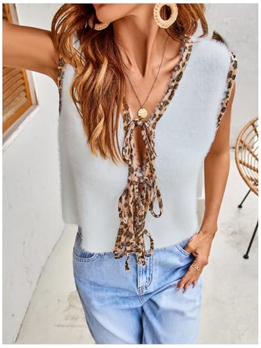 Image of WDIRARA Womens Sleeveless V Neck Leopard Print Bowtie Knit Tank Top