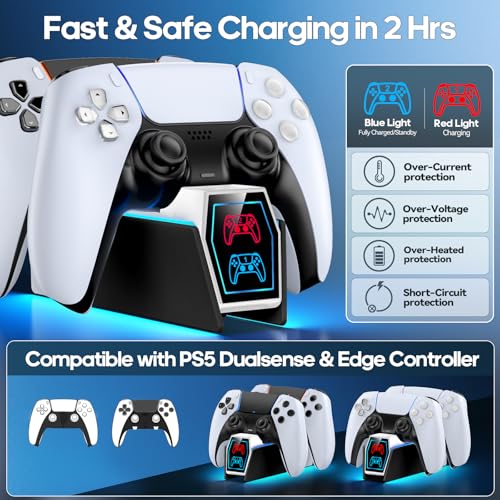 Image of Controller Charger Station Compatible with Play 5 Faceplates Edge & Dual Controller, 9 Lightings P 5 Accessories Charging Station, P 5 Dock Stand with LED Indicator & On-Off Switch, White & Black for PlayStation Consoles