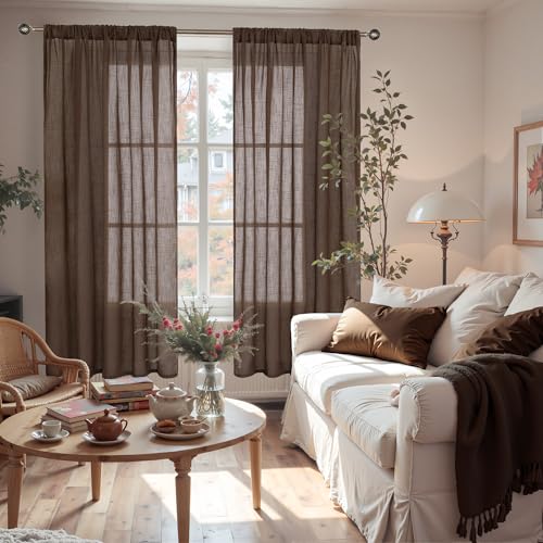 Image of BGment Brown Linen Curtains 72 Inches Long for Living Room, Window Drapes Rustic Textured Semi Sheer for Farmhouse Beroom Dining Room Decor Rod Pocket Lightweight, 2 Panels Set, Each 52 Inch Wide