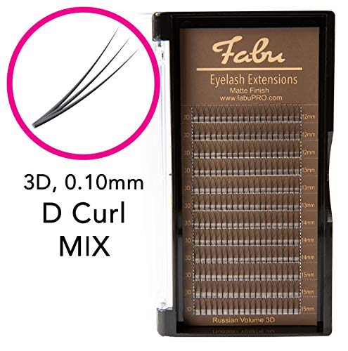 Fabu eyelash extensions Russian volume 3D Fans, D curl, thickness/diameter 0.10, mix (12mm-15mm) INCLUDES LENGTHS 12mm, 13mm, 14mm, 15mm