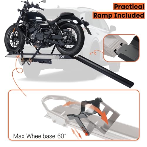 Image of CRAVOT Motorack M1 Max Motorcycle Carrier with Ramp, 660lbs Capacity | Hitch MotorBike Carrier, Foldable Hauler Hitch Mount Rack Anti-Rattle Up to 6-inch Fat Tire 2 inch Receiver