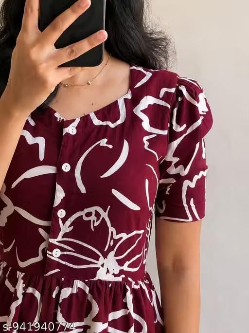 Image of Women's Rayon Printed Floral Gown Dress, Short Sleeve, Tiered Midi Dress