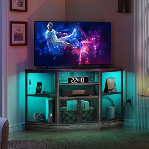 DWVO Corner TV Stands, Corner Entertainment Center, TV Cabinet with Power Outlet, LED Light Strip and Adujustable Shelf, Space Saver Hexagon Small TV Consoles for Living Room, Dark Grey