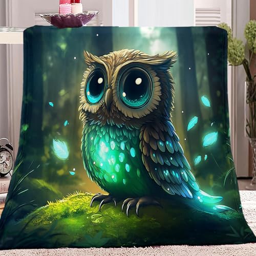 Anime-Stil, Tiere, Eule, Wald Flauschige Kuscheldecke, Weiche Flanell Sofadecke mit Grün Waschbare Decke für Kinder, Jungen und Erwachsene, Warme Tagesdecke 150x200 cm