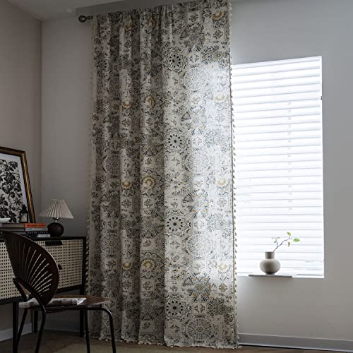 Colorbird Floral Curtains 84 Inches Long, 2 Panels Grey Linen Patterned Curtains For Bedroom, Light Filtering Farmhouse Curtains & Drapes Country Window Treatments For Living Room Dining Doorways #TOP1